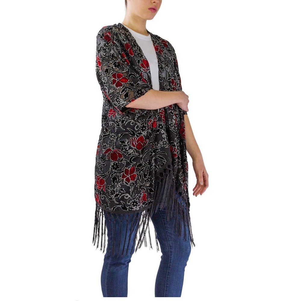 Jessica McClintock Womens Black Red Velvet Glitter Floral Fringe Kimono Wrap New